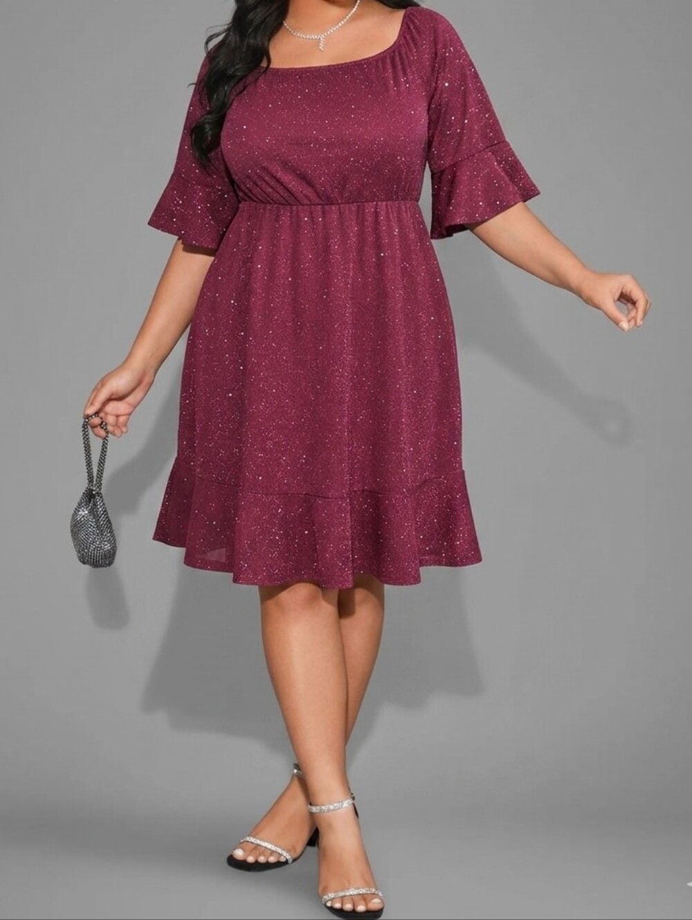 SHEIN Curve Metallic Sparkle Off Shoulder Dress 0XL Burgundy Mini Party Dress